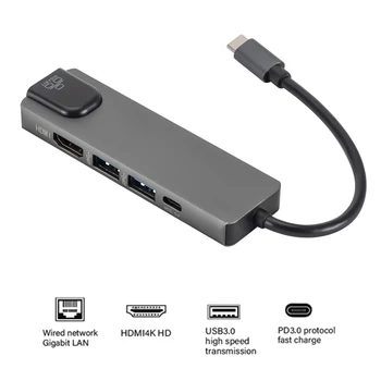 

5 in 1 USB Type C Hub Hdmi 4K USB C Hub to Gigabit Ethernet Rj45 Lan Adapter for Macbook Pro Thunderbolt 3 USB-C Charger Port