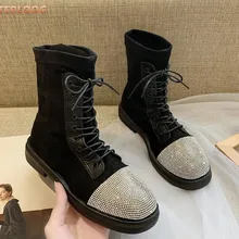 Женские зимние ботинки; обувь без застежки; женские модные ботинки со стразами на шнуровке; женская обувь; Ботинки Martin на плоской подошве; Botas zapatos mujer; C031