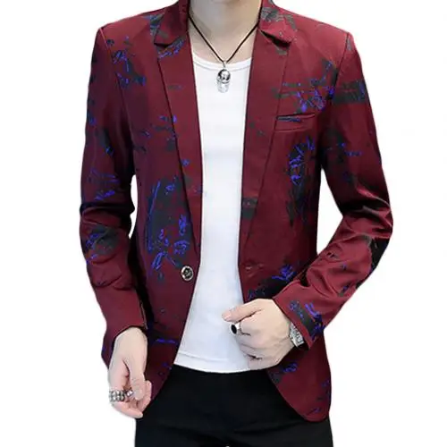 Красный Мужские цветочные печати с длинным рукавом лацкане Slim Fit одна кнопка блейзер пальто костюм куртка шик - Цвет: Красный