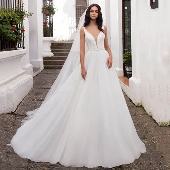 

Deep V Neck With Straps Beaded A Line Boho Simple Wedding Dress Open Back Long Bridal Gown New Arrival 2020