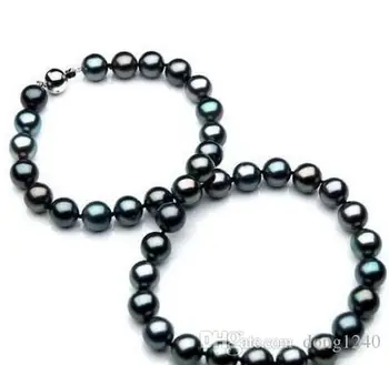 

Free Shipping stunning 10-11mm Green Black pearl necklace 18 inch 925 s