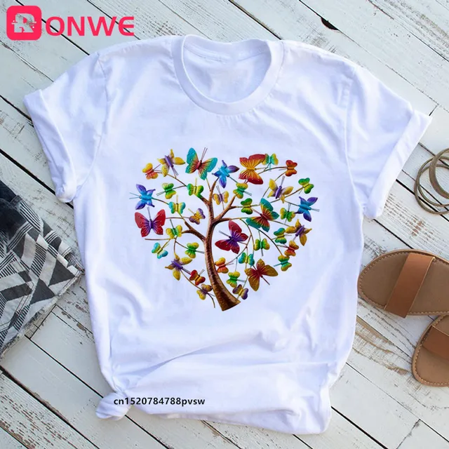 Woman Butterfly Tree Print Harajuku Summer Tshirts Casual Round Neck Short Slee Top Tee Shirt,Drop Ship P8017F