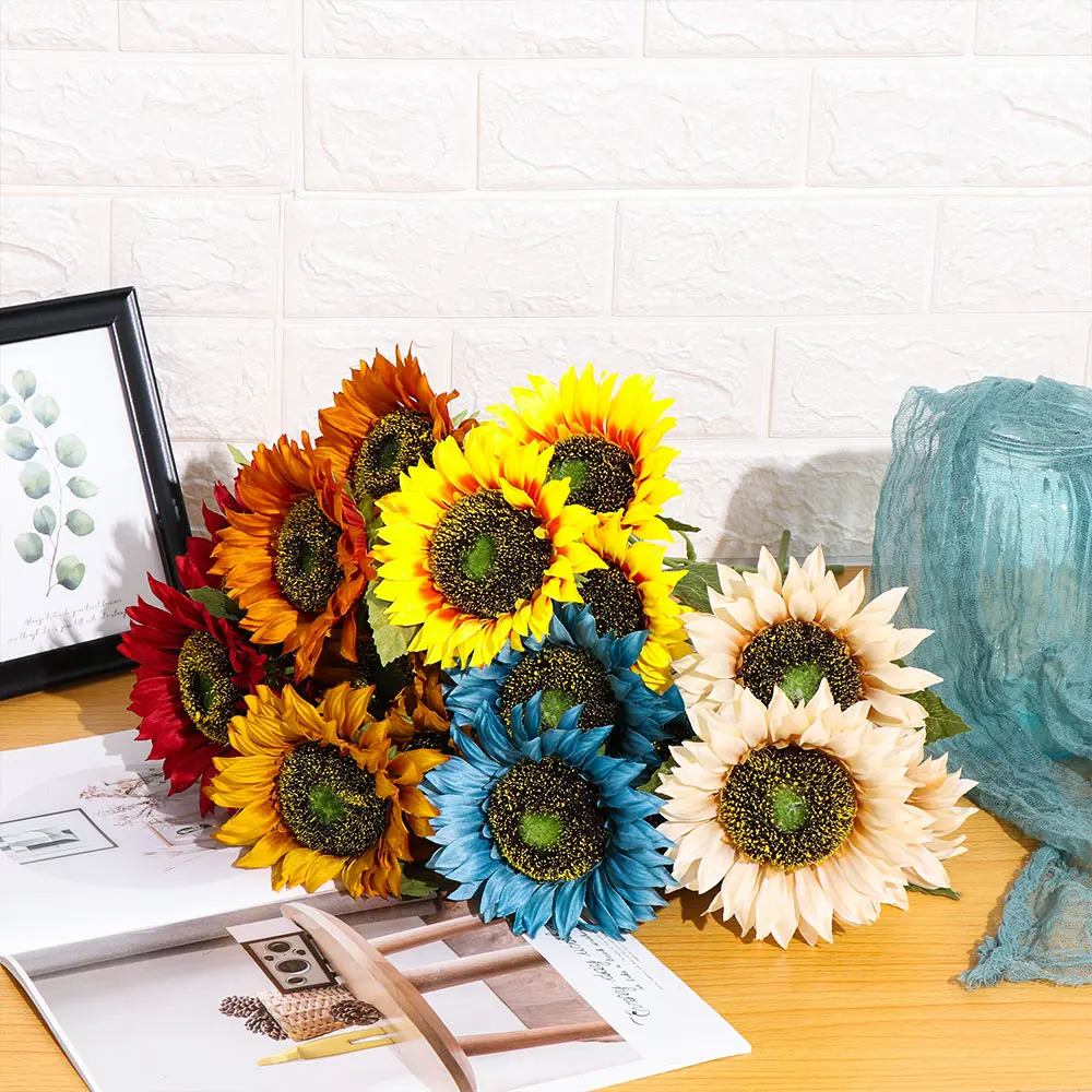 Silk Artificial Flowers Bouquet Autumn Decoration 3Heads Yellow Sunflower For Home Decoration Office Party Garden Decor