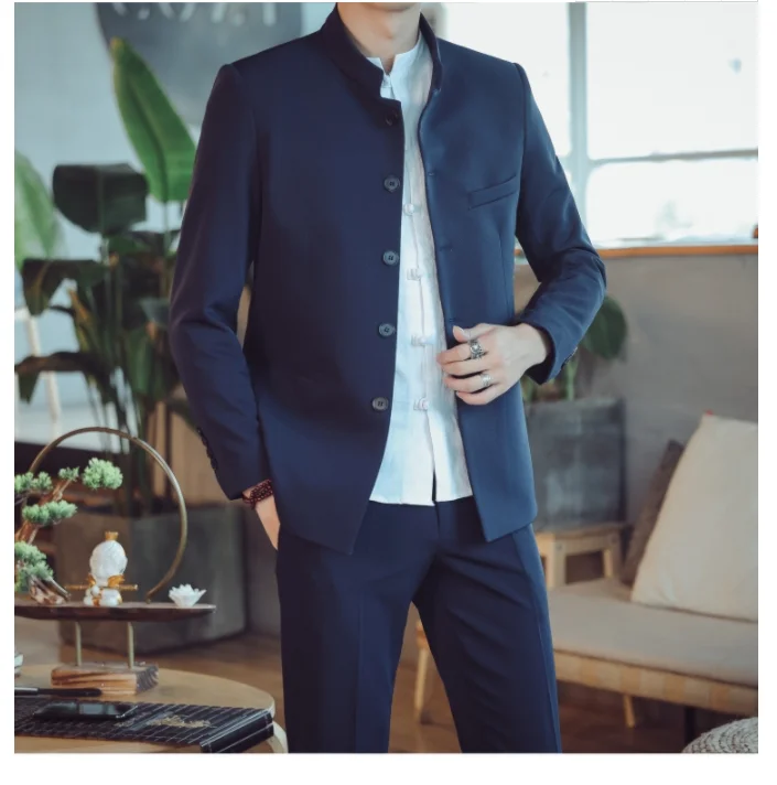 Чистый цвет мужской деловой костюм Slim Fit мужской костюм куртка и брюки Азиатский размер XL XXL XXXL 4XL модный воротник мужские свадебные костюмы