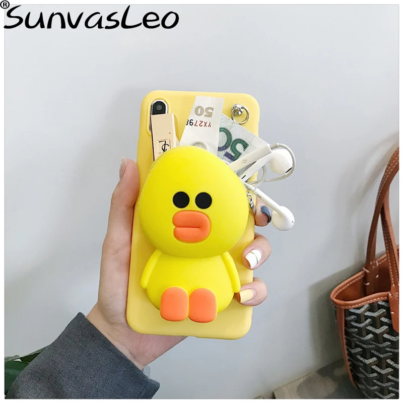 For Xiaomi Mi A1 A2 F1 6 8 9 3D Cartoon Animal Soft Silicone Purse Case Wallet Phone Cover With Strape Chain Shell Bag Cable
