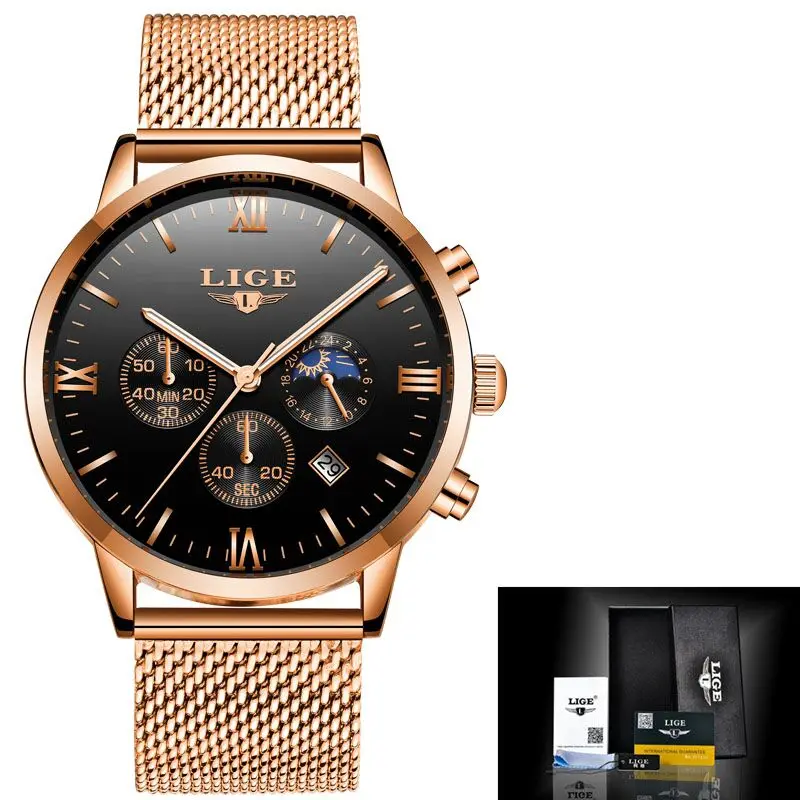 Rose Gold balck M LIGE мужские часы лучший бренд кварцевые часы Роскошные Бизнес золотые часы Военные Спортивные Водонепроницаемые наручные часы Relogio Masculino - Цвет: Rose Gold balck M