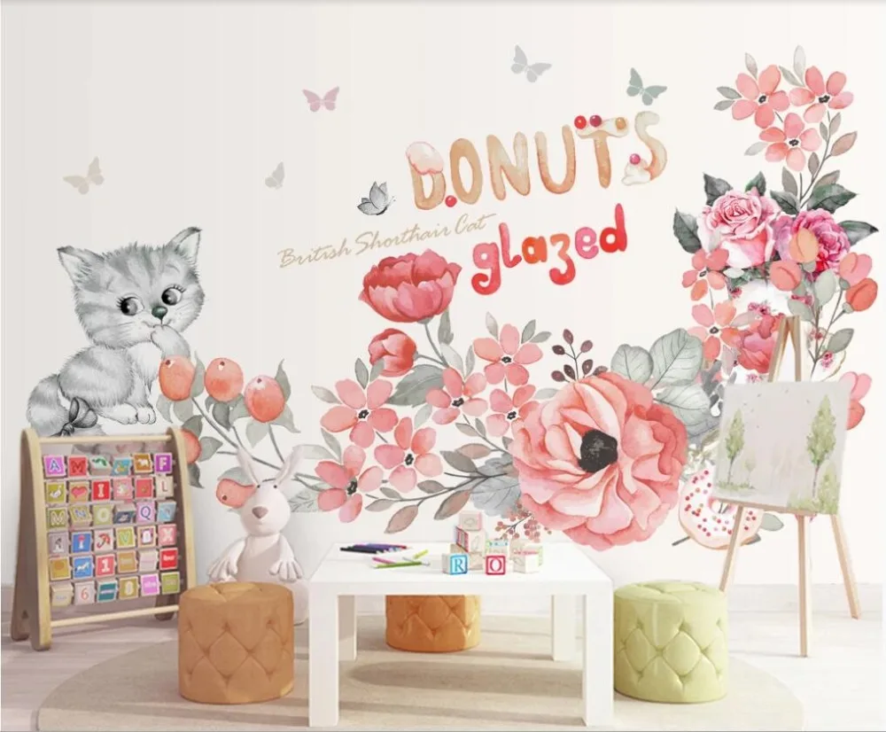 Custom wallpaper new cute cartoon painting children's room wallpaper modern 3d mural kitten large mural