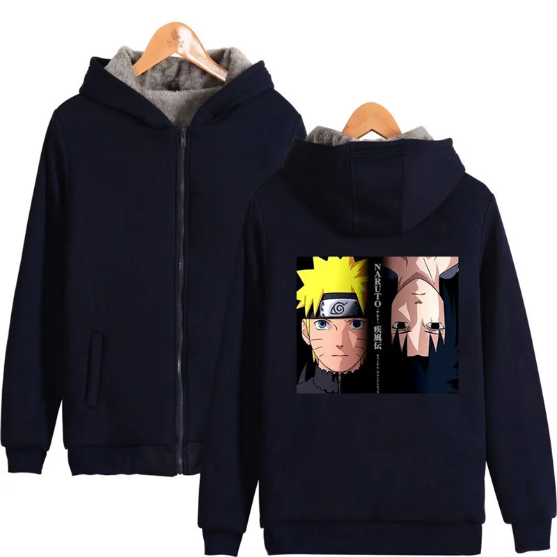 Аниме Наруто зимние толстовки Флисовая теплая куртка плотное пальто Uchiha Hatake Uzumaki клановый значок толстовка с капюшоном одежда унисекс - Color: navy blue3