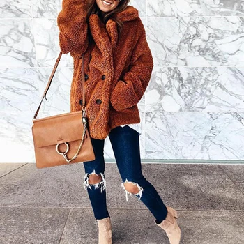 

2020 Womens Coat Casual Lapel Fleece Fuzzy Faux Shearling Button Warm Winter Oversized Outerwear Jackets