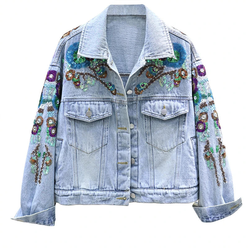 

Spring Autumn short Denim Jacket Women Korean New Embroidery Beaded Sequins Jeans Jacket Loose Ladies Denim Jackets Tide D3276