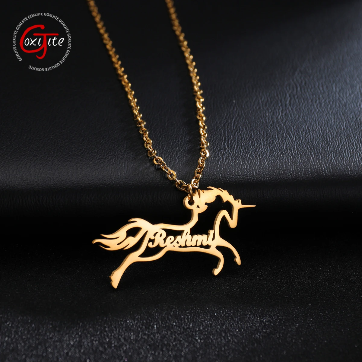 Goxijite Personalized Hollow Unicorn Name Necklace For Girls Zodiac Horse Stainless Steel Custom Nameplate Necklaces Lovely Gift new sparkling powder manicure self adhesive flower personalized unicorn mermaid nail fragmented flower patch size 92 60mm