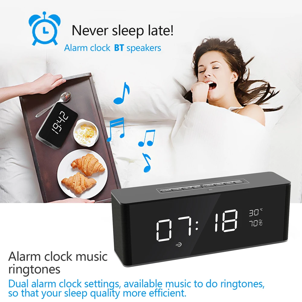 

Hot Wireless Alarm Clock BT Home Rechargeable Mini Display TF Card FM Audio Input Bass Speaker Alarm Clock Sound Box Table Clock