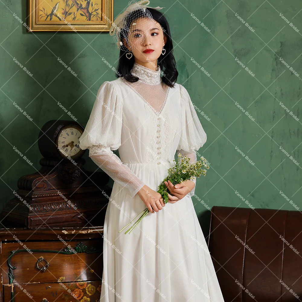 Victorian High Neck Chiffon A Line Bridal Gown Pearl Customized Long Lantern Sleeve Lace Plus Size Pleats Muslim Wedding Dress 5