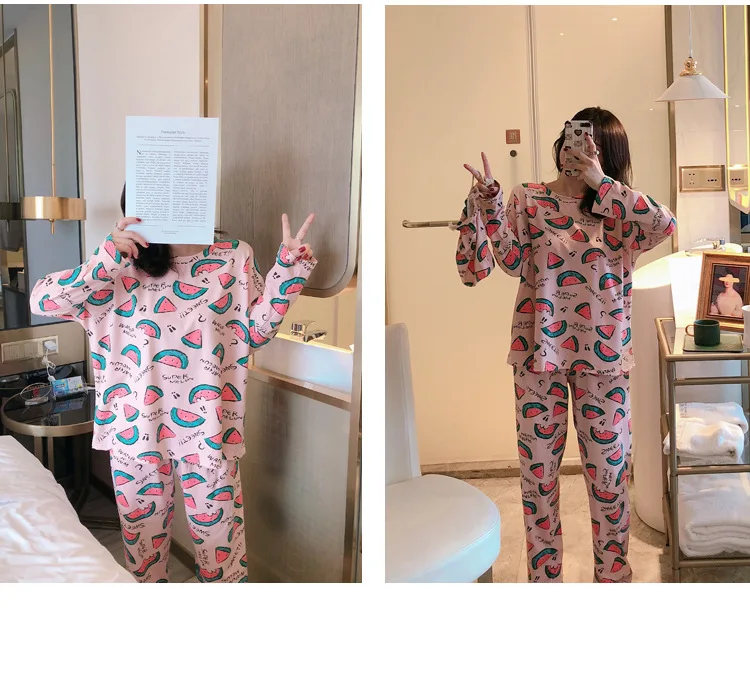Хлопковый Пижамный комплект для сна для женщин, модный осенний пижамный комплект с принтом, пижама с длинными рукавами, брюки, две бумажные пижамы, Pj