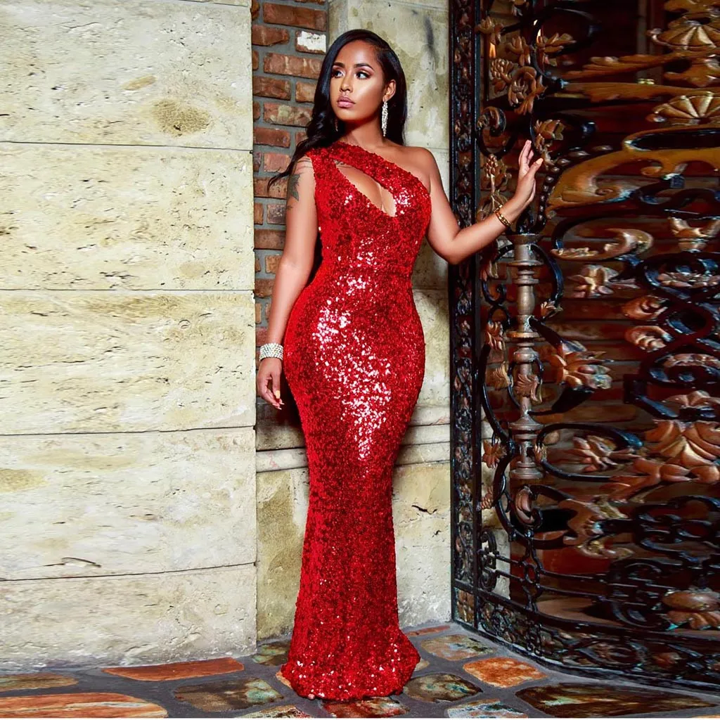 

2019 Autumn Sexy Deep V-neck Cut Out One Shoulder Glitter Sequins Elastic Material Maxi Dress Vestidos Plus Size#G30