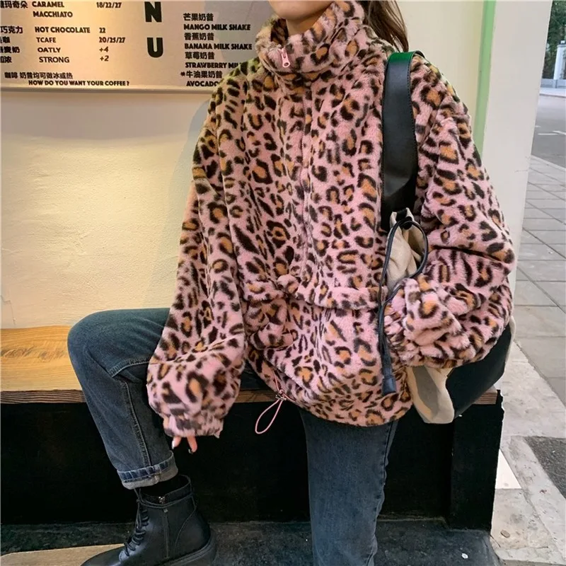 Gaganight Leopard Fleece Autumn Winter Fashion Hoodies Long Sleeve Stand Collar Korean Sweatershirt Girls Outwear Loose Tops New