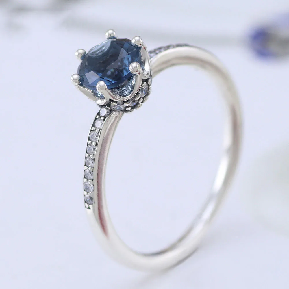 

Free Shipping Real 925 Sterling Silver Ring Blue Zircon Sparkle Crown Ring Fit Pandoras Rings For Women's Gift Banquet Jewelry