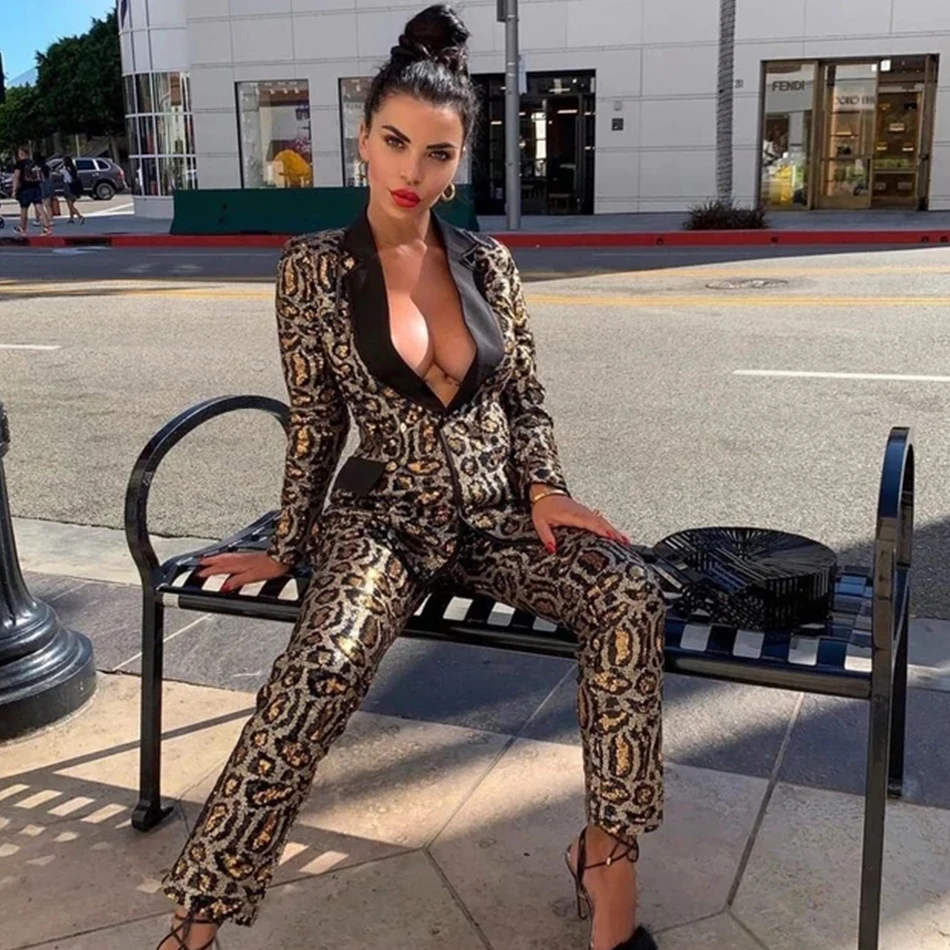 ADYCE 2021 New Autumn Leopard Long Sleeve Sequined Celebrity Evening Party 2 Two Piece Set Sexy V Neck Coat &amp Pant Club | Женская