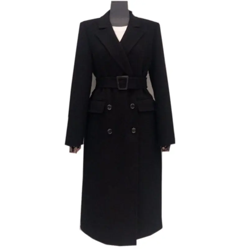 navy black Шерстяное пальто на шнуровке, Женская Корейская куртка средней длины, Осень-зима, черный шерстяной Блейзер, тонкое пальто для офисных леди f2742 - Цвет: navy black