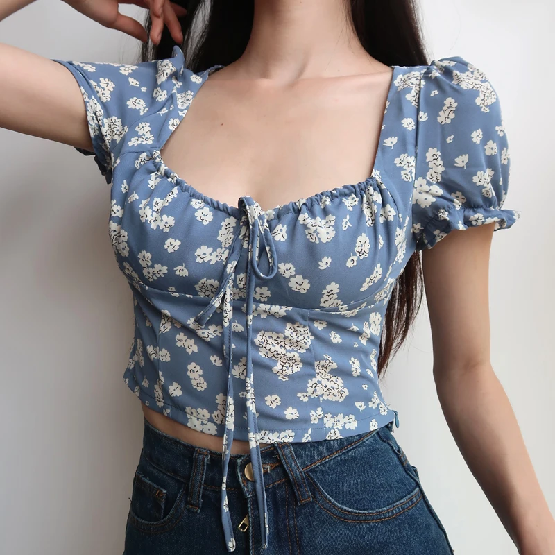 Women Square Neck Puff Sleeved Blouse with Drawstring Detail Floral Print Top In Blue | Женская одежда