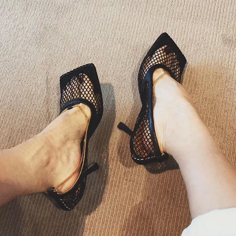 

Square Toe Hollow Out Mesh Pumps High Heels Ankle Chain Decor Summer Fashion Shoes Black Sexy Slip On Pumps