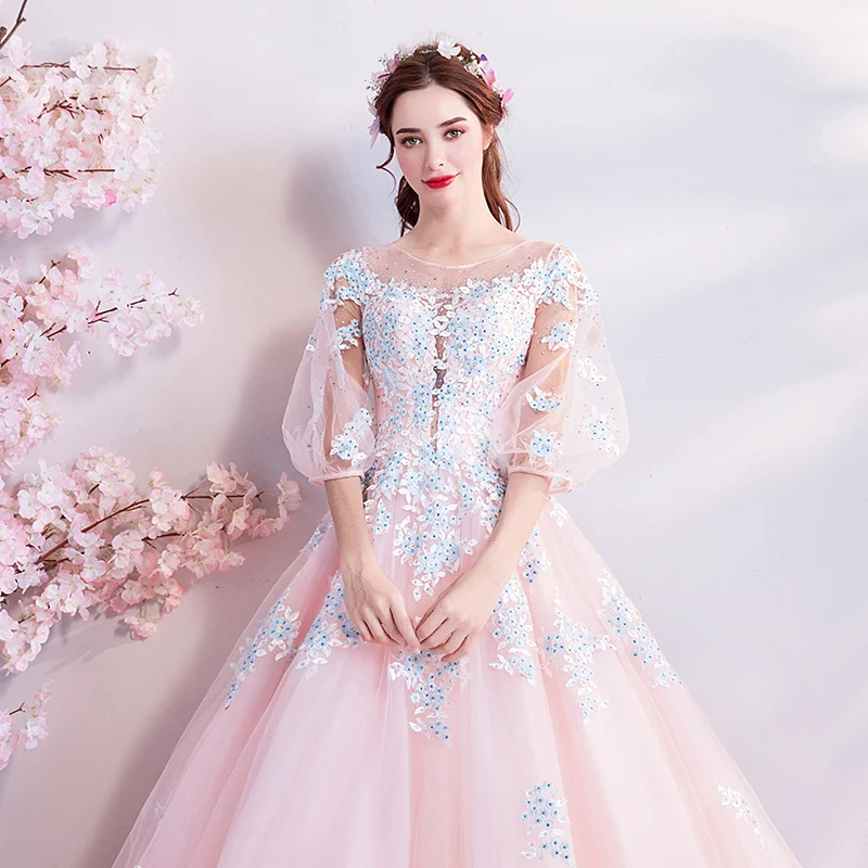 

2019 A Line Illusion Scoop Neck Pink Prom Dresses 2019 Long Lace Up Back Evening Party Gown Vestidos de bailel Dress Graduation