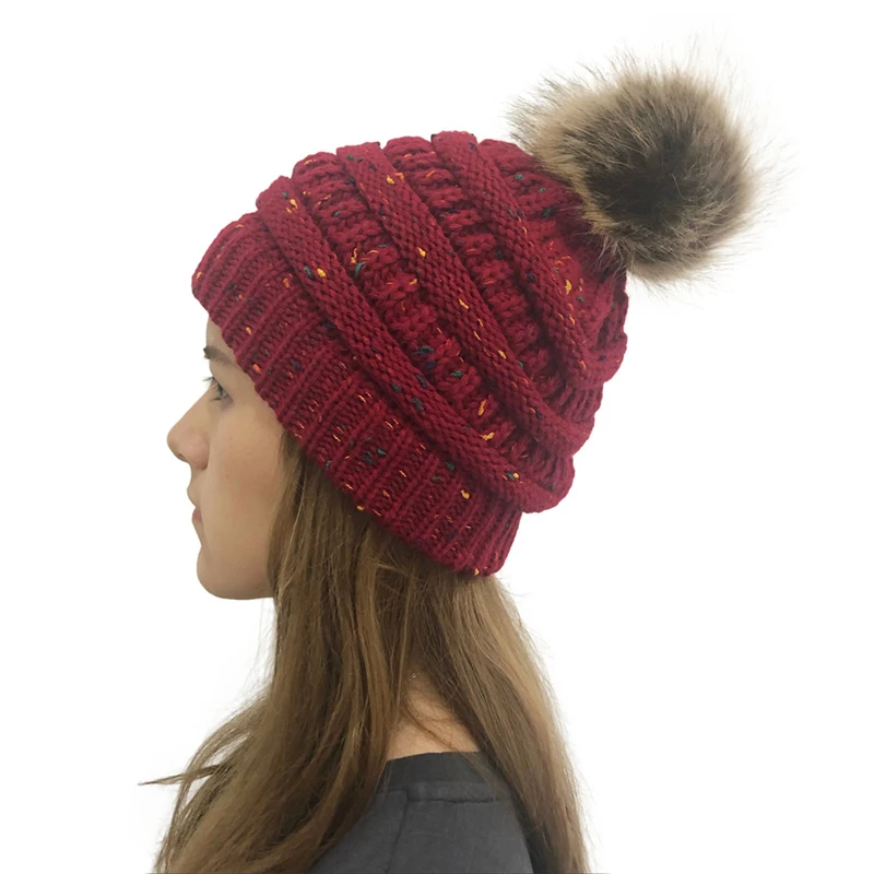 Красный Модная женская зимняя шапка с помпонами Skullies Beanies зимняя Модная вязаная шапочка из хлопка очаровательные женские мягкие теплые шапочки шапки - Цвет: Красный