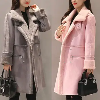 

Women Winter Lapel Collar Long Sleeve Warm Fleece Midi Coat Jacket Loose Outwear