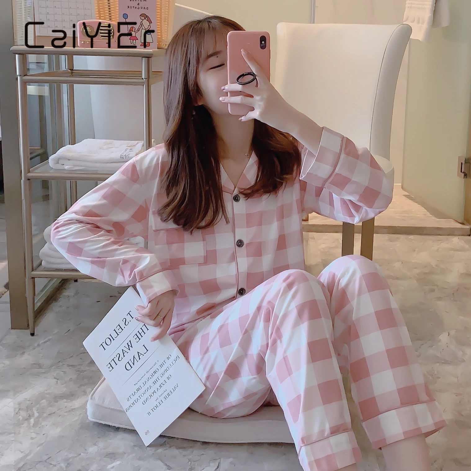 CAIYIER Autumn Winter New Sleepwear Set Women Turn-down Collar Pajamas Cute Cartoon Pattern Button Top+Pants Leisure Home Wear