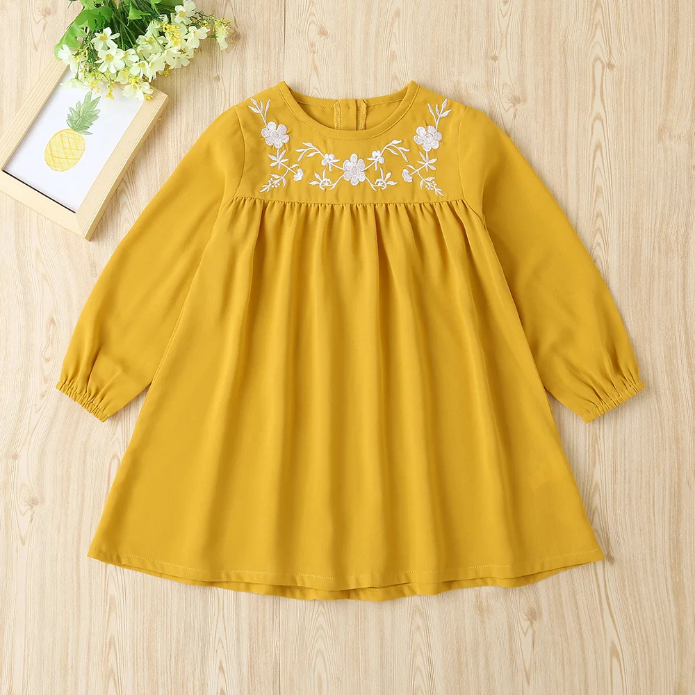 Autumn 2020 Girls Dress Summer Cute Long Sleeve Embroidery O Neck Loose Vestidos 2-6T | Детская одежда и обувь