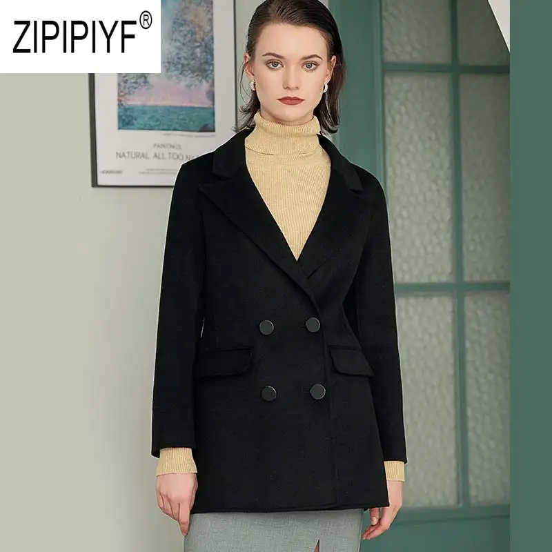 Autumn Winter Fashion Women Sweater Coats Long Sleeve Double-breasted Turn Down Neck Woolen Blazers Office Coats Z2988 - Цвет: Black