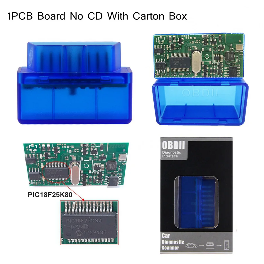 Топ аппаратное обеспечение V1.5 чип PIC18F25K80 ELM327 Bluetooth V1.5 AutoCode Reader Super MINI ELM 327 работает на Android Symbian FW V1.5 - Цвет: 1PCB Blue