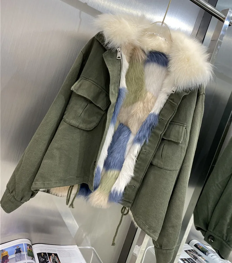 

Thick Warm Real Fox Fur Liner Army Green Winter Jacket Coat Women Short Parka With Real Large Fox Fur Collar