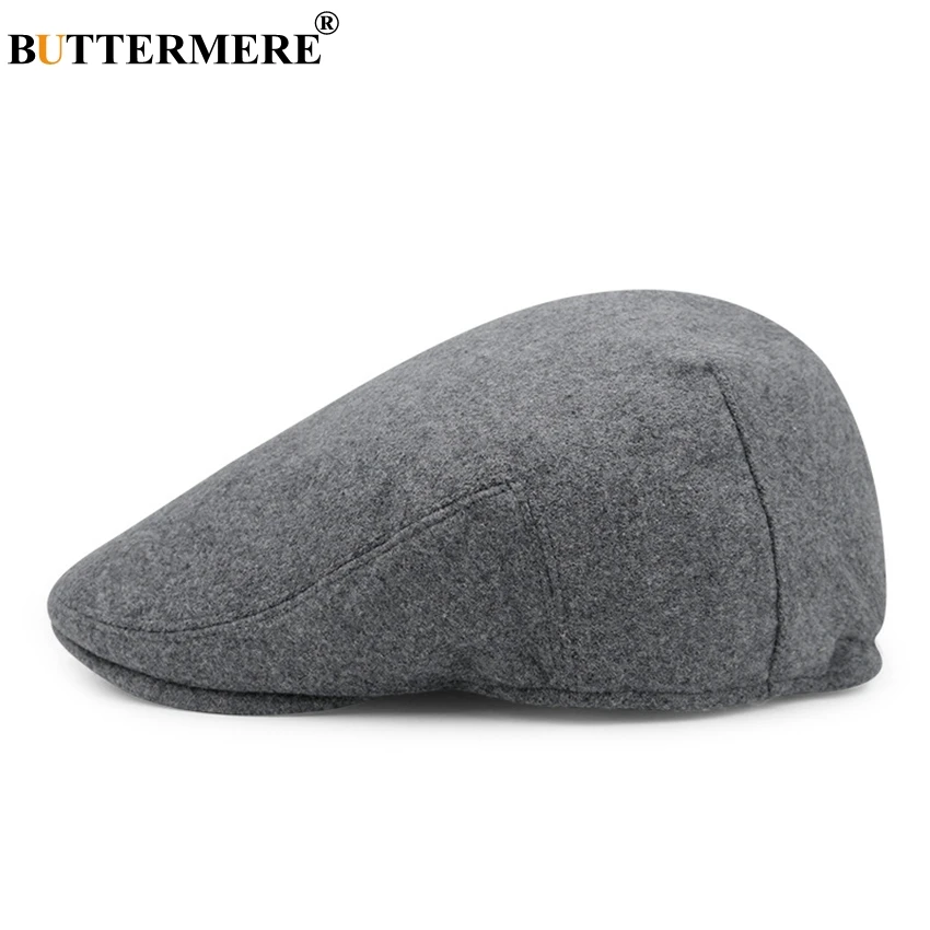 

BUTTERMERE Grey Flat Cap Men Winter Woolen Beret Fitted Thick Warm Hat Female Retro Duckbill Cabbie French Style Hats Solid