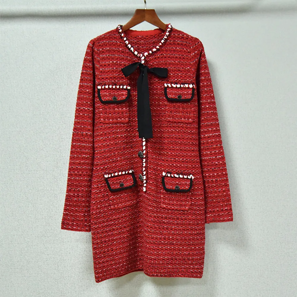 

Spring Autumn New Designer Women's High Quality High-rise 50%Wool bowtie Knitted Dress C085