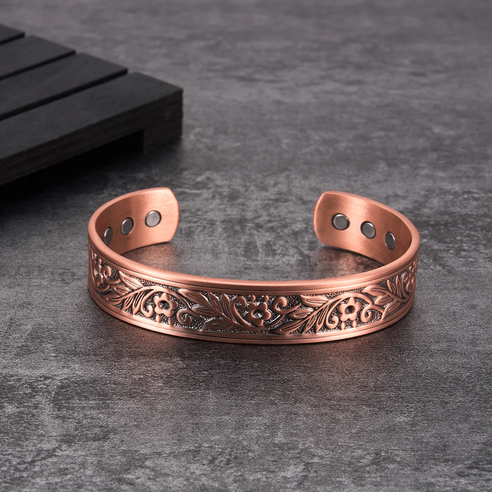 Meatlhy Magnetic Bracelet Pure Copper Flower Leaf 14mm Cuff Adjustable Bangles Femme Health Arthritis Vintage Jewelry for Men_voghion.com