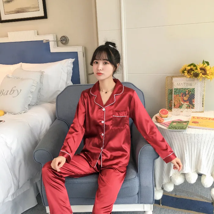 

Pajamas Women's Spring And Autumn Viscose Long Sleeve Women's Imitated Silk Fabric-Outer Wear Homewear Set 5-Color 7 Code M-5xl