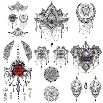 

Fake Jewelry Temporary Tattoos For Women Sexy Mandala Henna Flower Tattoo Sticker Moon Mehndi Pendants Moth Feather Tatoos Chest