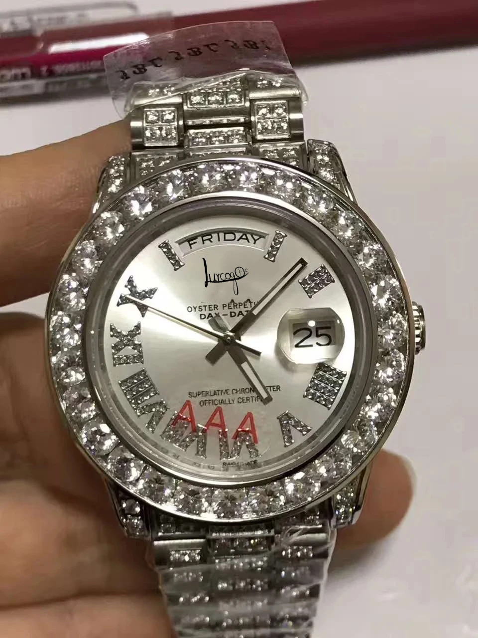 

Wholesale high quality Full diamond Silver Iced out Luxury Brand Ro-lex watch with box Men automatic self-wind sweeping movement