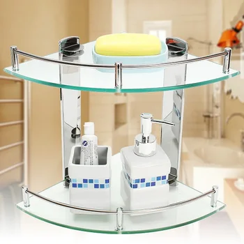 

Modern Bathroom Glass Corner Shelf 2 Layer Wall Mounted Shelf Stainless Steel Tripod Corner Frame W/Accessories for Bathroom