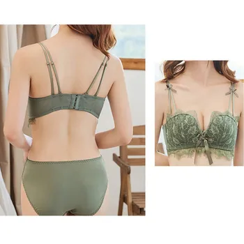 

Women Bra Set Sexy Lace Lavender Gathered Bras Adjustment Bra Bows Without Steel Ring 3/4 Cup Bra + Panties Sets