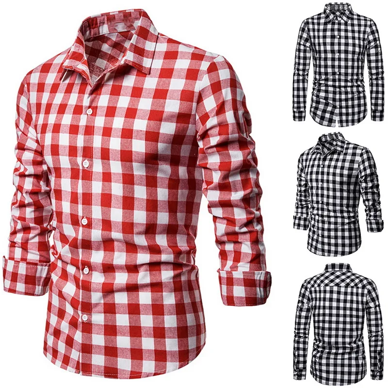 HEFLASHOR Мужская модная деловая рубашка для отдыха с длинными рукавами, рубашка в клетку с принтом, Топ, блуза, деловая повседневная мужская рубашка в клетку