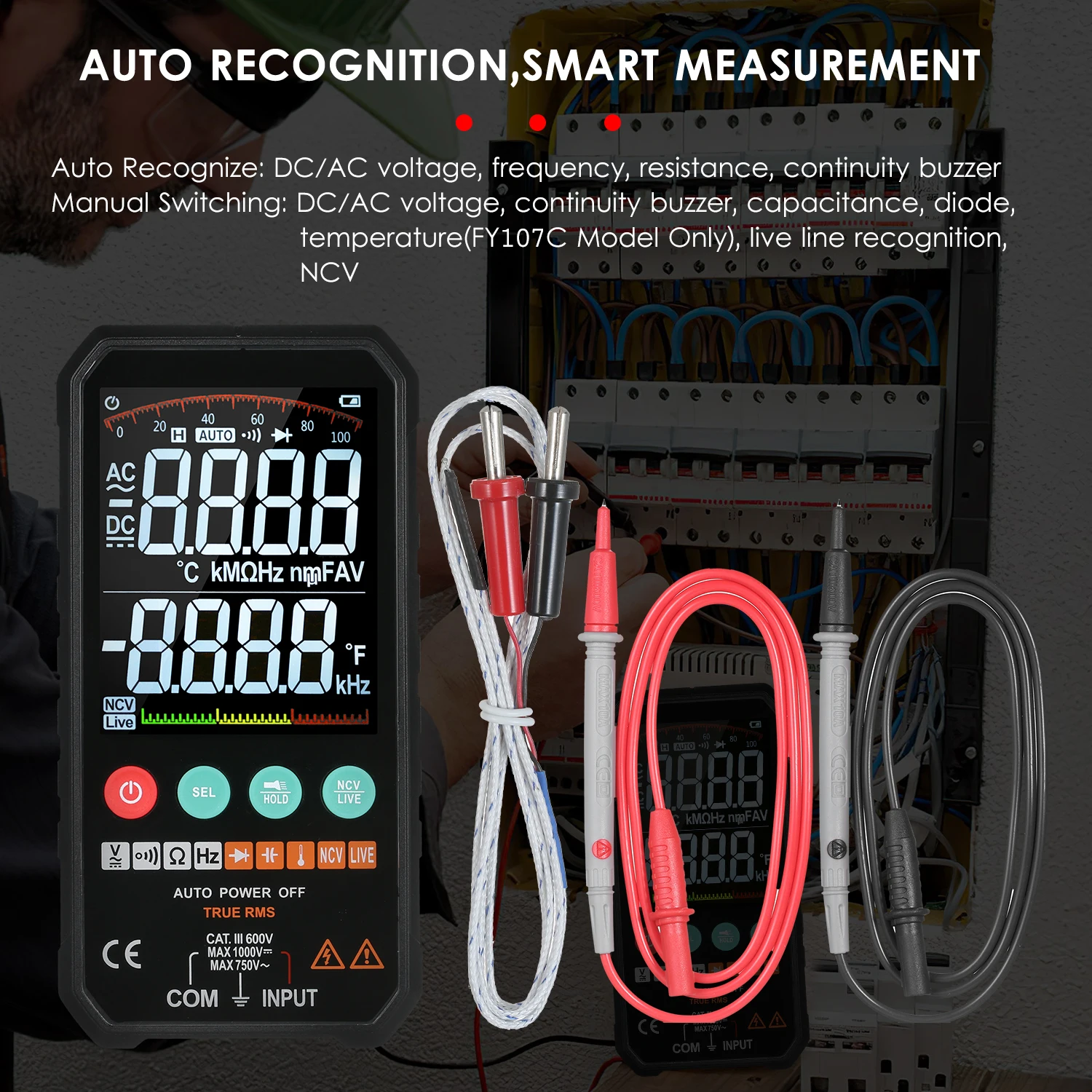 Mastfuyi Digital Multimeter FY107B / FY107C 6000counts Ture RMS AC DC NCV Transistor Capacitor Temperature Voltage Smart Meter digital multimeter