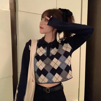 

2020 Autumn & Winter New Arrival Lingge Printing Sweater Girl Lapel Long-sleeved Sweater Loose Plaid Short Sweater Free Shipping