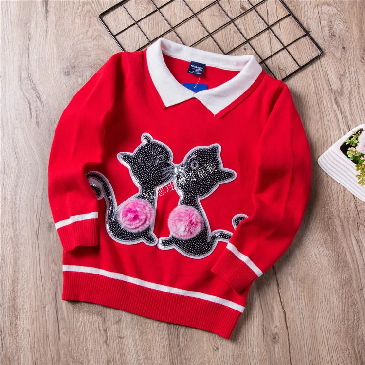 Детский свитер; специальное предложение; вельветовый свитер с отложным воротником для больших детей; свитер для девочек с блестками и рисунком кота; Q8045