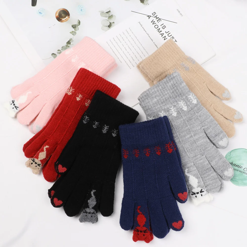 Winter Warm Knitted Gloves Cute Cartoon Cats Design Full Finger touch screen finger gloves Soft Elastic Mittens Unisex | Аксессуары для
