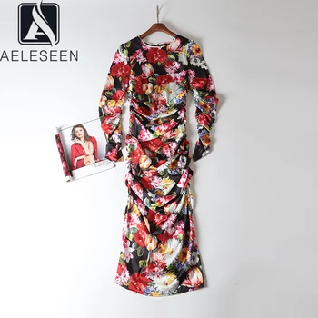 

AELESEEN 2020 New Arrival Retro Runway Floral Print Slim Fit Dresses Women Luxury Handmade Draped Pleated Mid-Calf Party Dress
