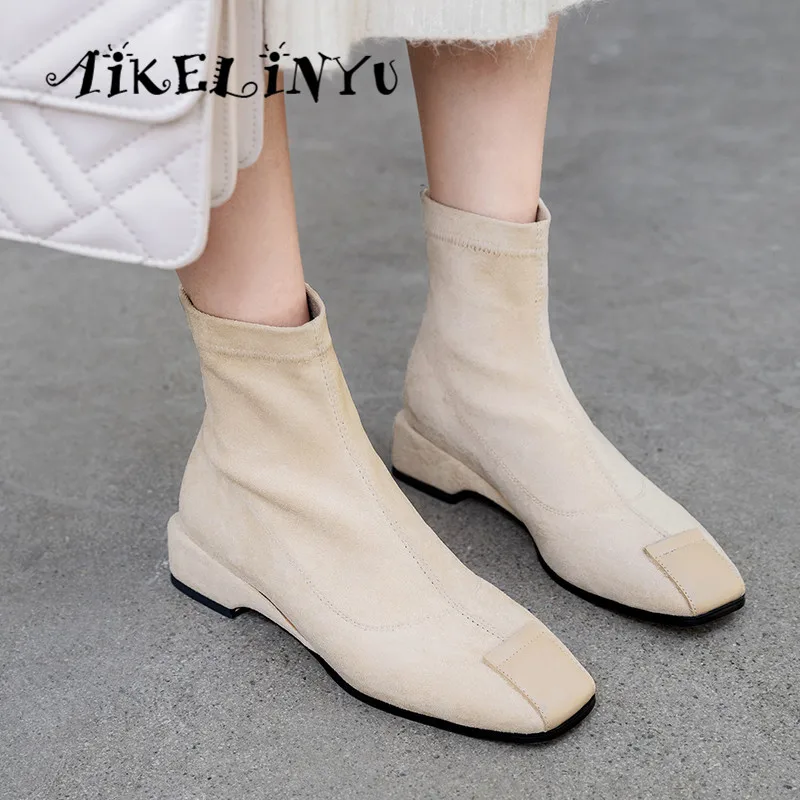 

AIKELINYU Women Boots British Style Flock Velvet Stretch Boots Casual Fashion Comfortable Low Heels New Basic Lady Sock Boots