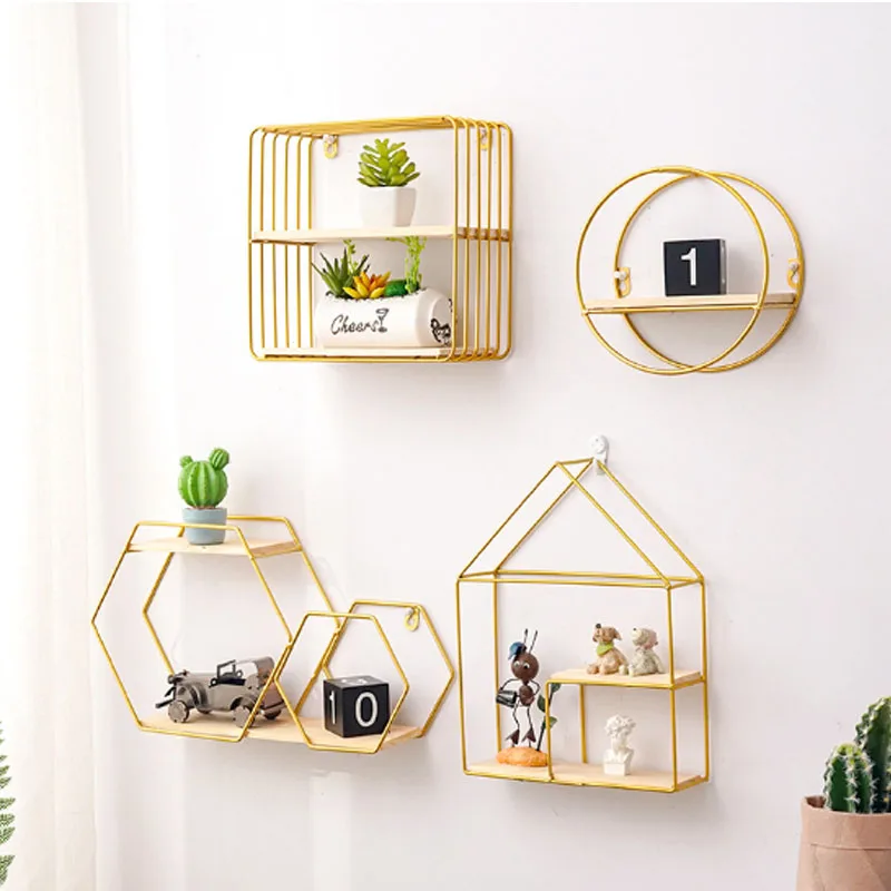

Ins Hot Iron Wall Decorative Racks With Wooden Board Living Room Wall Hanging Basket For Flower Pot Artwork Wall Organizer