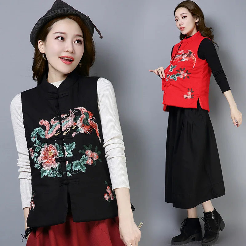 

2018 Winter New Style Ethnic-Style WOMEN'S Dress Cotton Linen Frog Embroidered Dissection Warm Cotton Vest Thick Waistcoat Cotto